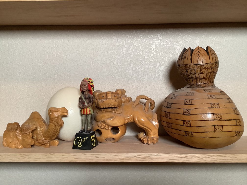 Vintage Chinese Hand Carved Wooden Foo Dog Statue, Camel Figurines, Decorative Gourd, Native American Bobble Head & More