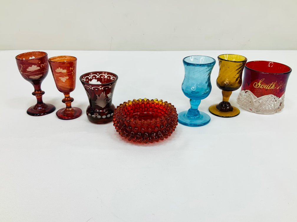 Colored Glass Cordial Glasses, Tumblers, and Hobnail Dish