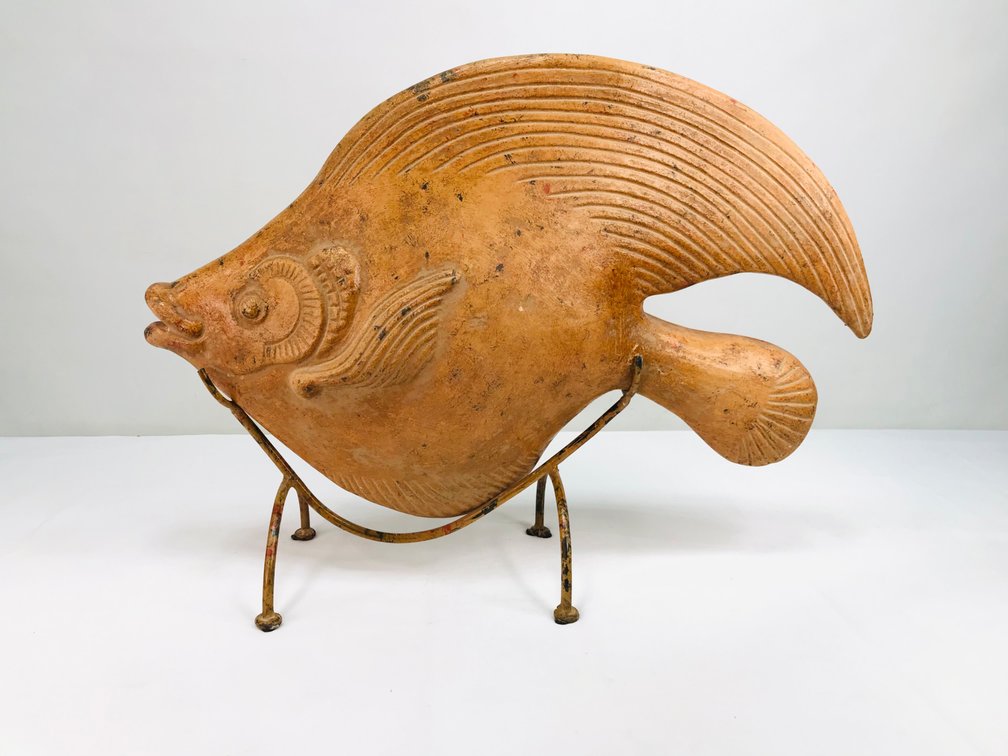 Terracotta Fish Sculpture with Metal Wire Stand
