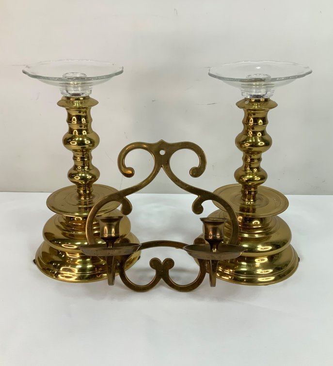 Brass Candlesticks with Glass Bobeches and Wall Sconce