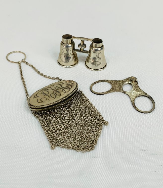 Sterling Silver Opera Glasses, Mesh Coin Purse, and Cigar Cutter