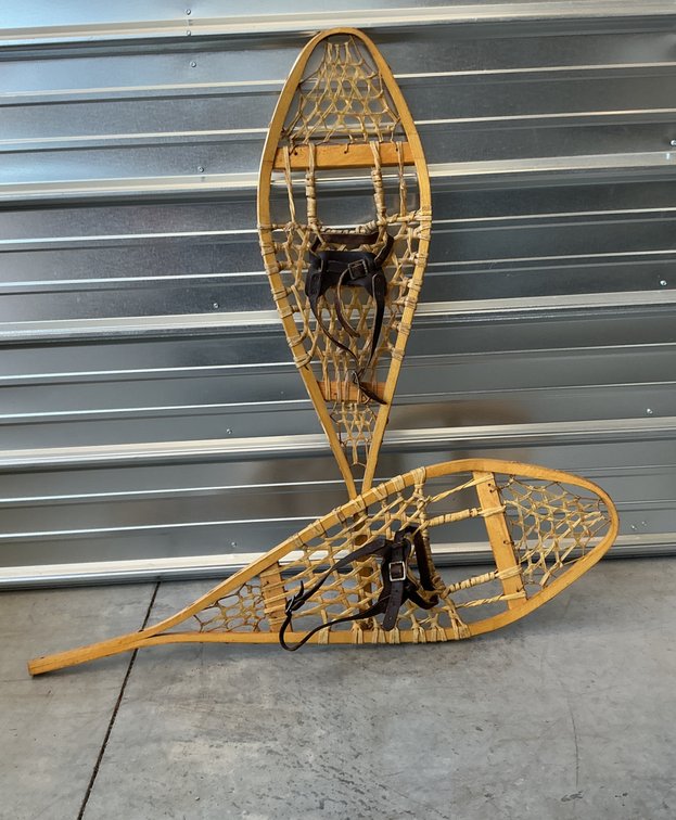 Pair of Wooden Snowshoes with Leather Bindings
