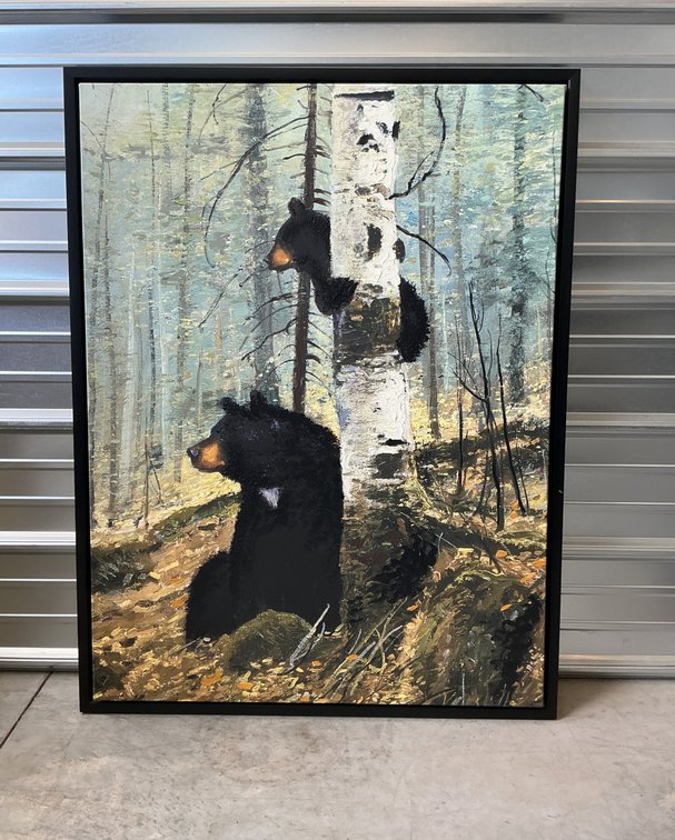 Framed Black Bears and Birch Tree Canvas Painting
