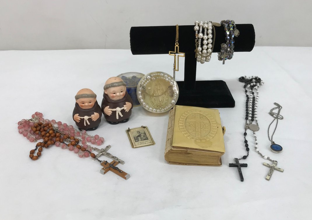 Religious Collectibles, Rosaries, and Ceramic Monk Shakers