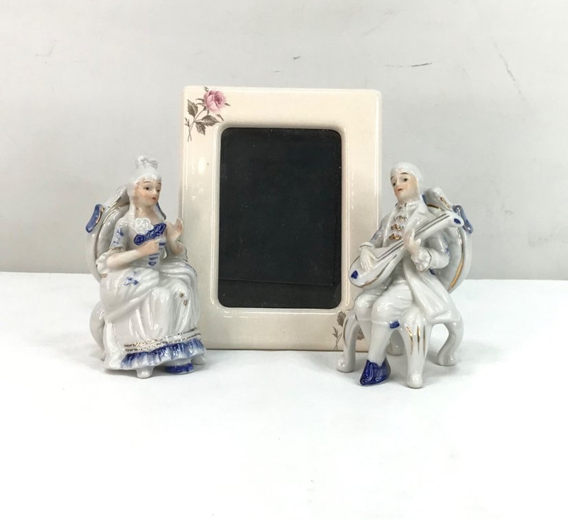 Porcelain Courtier Figurines and Ceramic Picture Frame