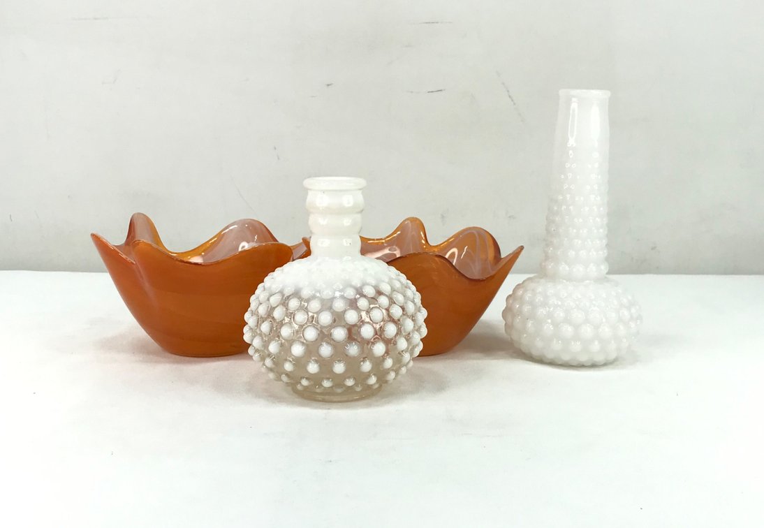 Art Glass Ruffled Bowls and Hobnail Glass Vases