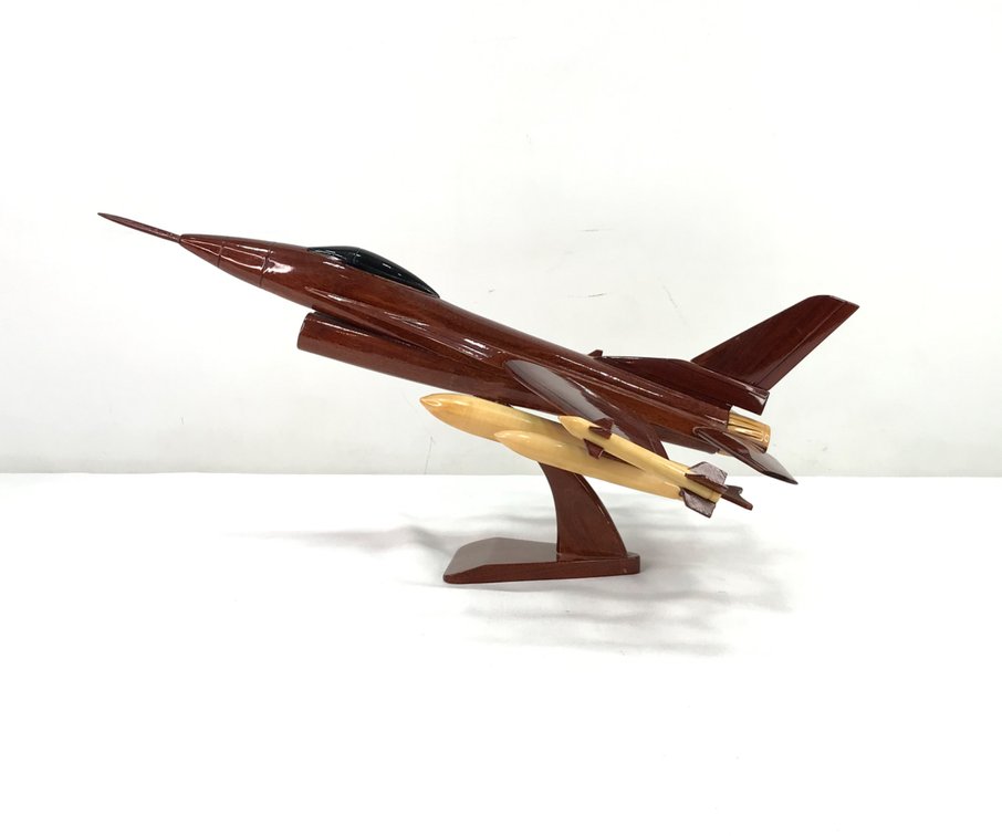Wood Fighter Jet Model on Display Stand