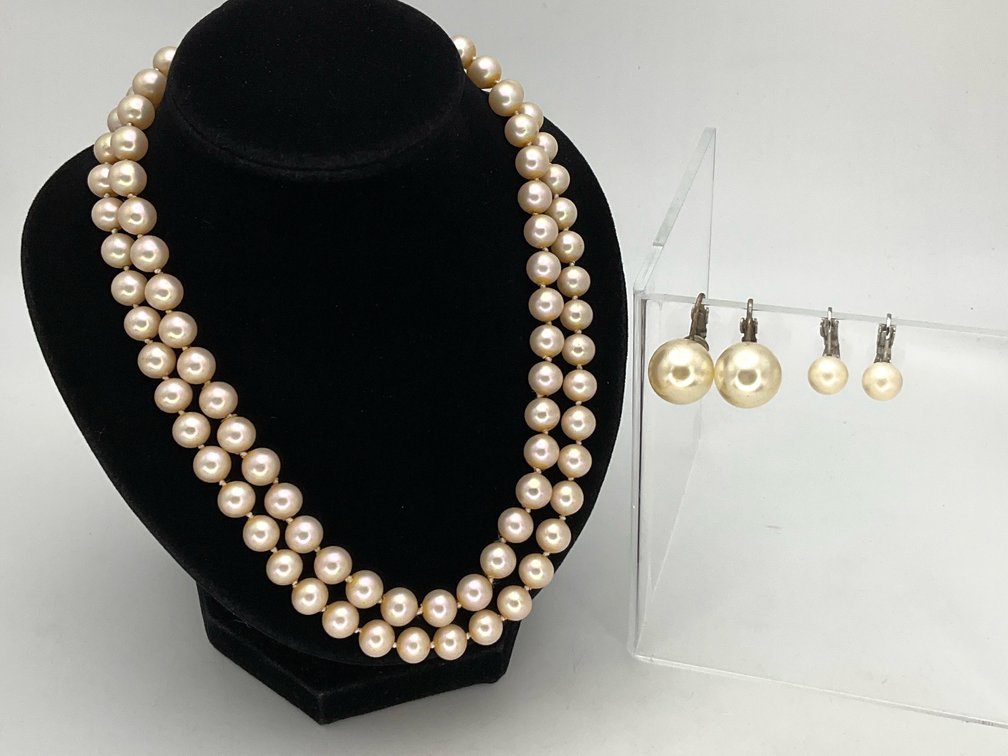 Double-Strand Pearl Necklace and Sterling Silver Pearl Earrings