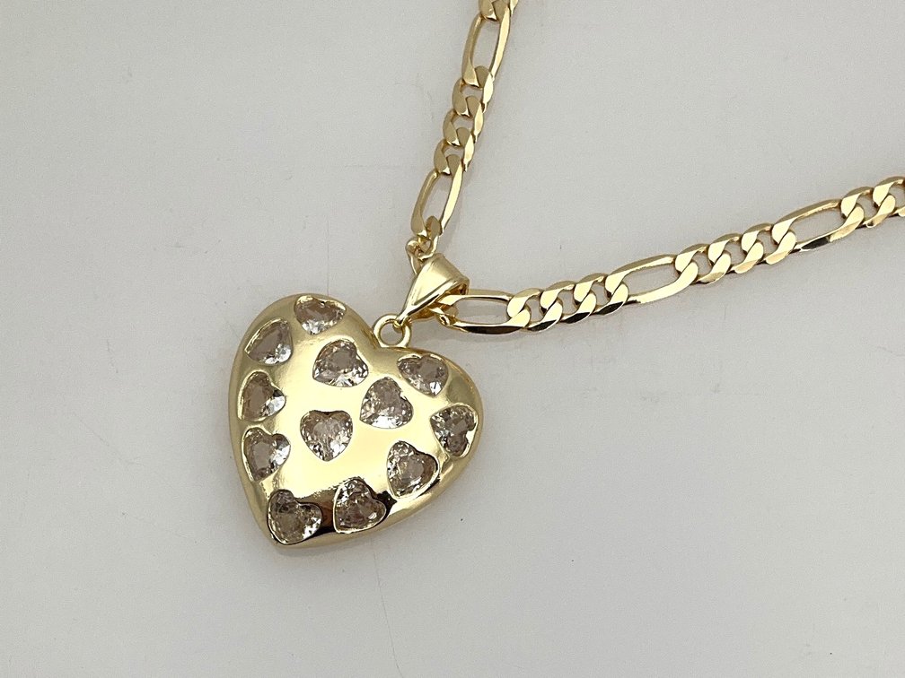 Gold-Tone Figaro Chain Necklace with Heart Pendant