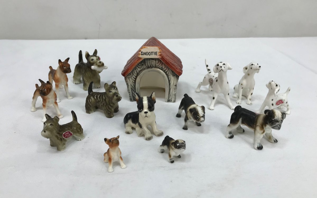 Miniature Ceramic and Bone China Dog Figurines with Doghouse