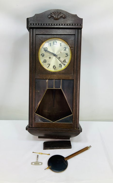 Dark Wood Wall Clock with Pendulum and Winding Key