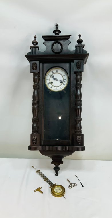 Carved Wood Regulator Wall Clock with Pendulum and Keys