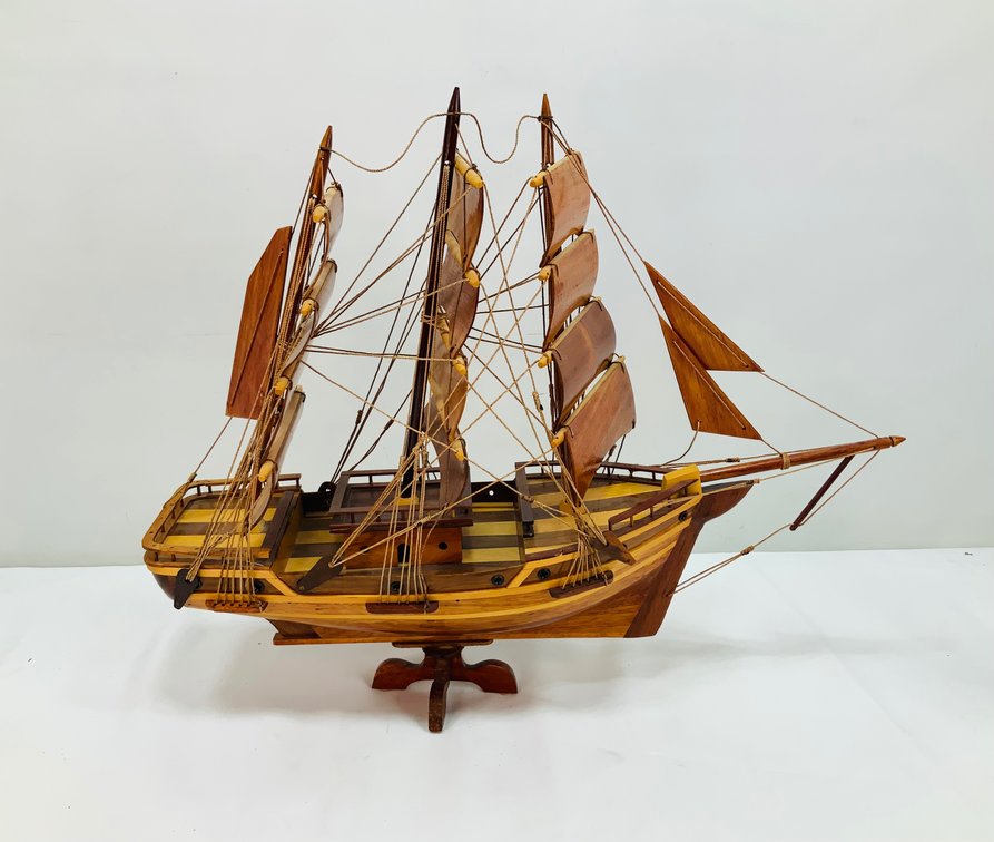 Wooden Model Sailing Ship on Display Stand