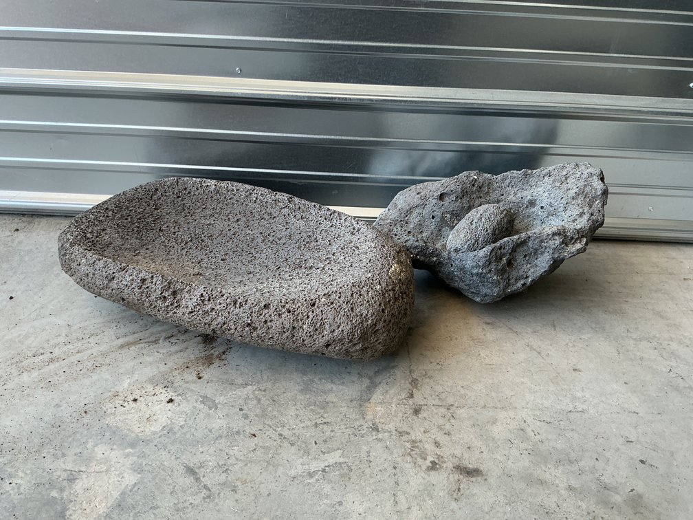 Carved Volcanic Stone Grinding Basin, Mortar, and Pestle
