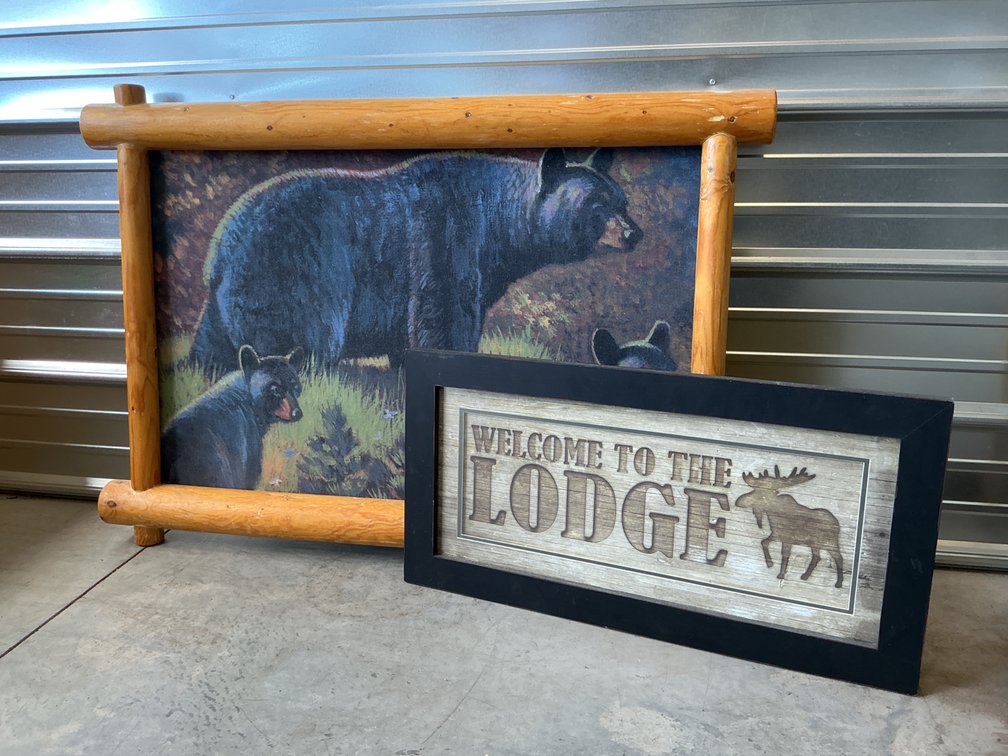 Rustic Log-Framed Bear Print and Welcome to the Lodge Sign