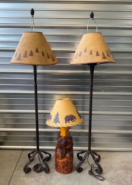 Rustic Metal Floor Lamps and Carved Bear Table Lamp