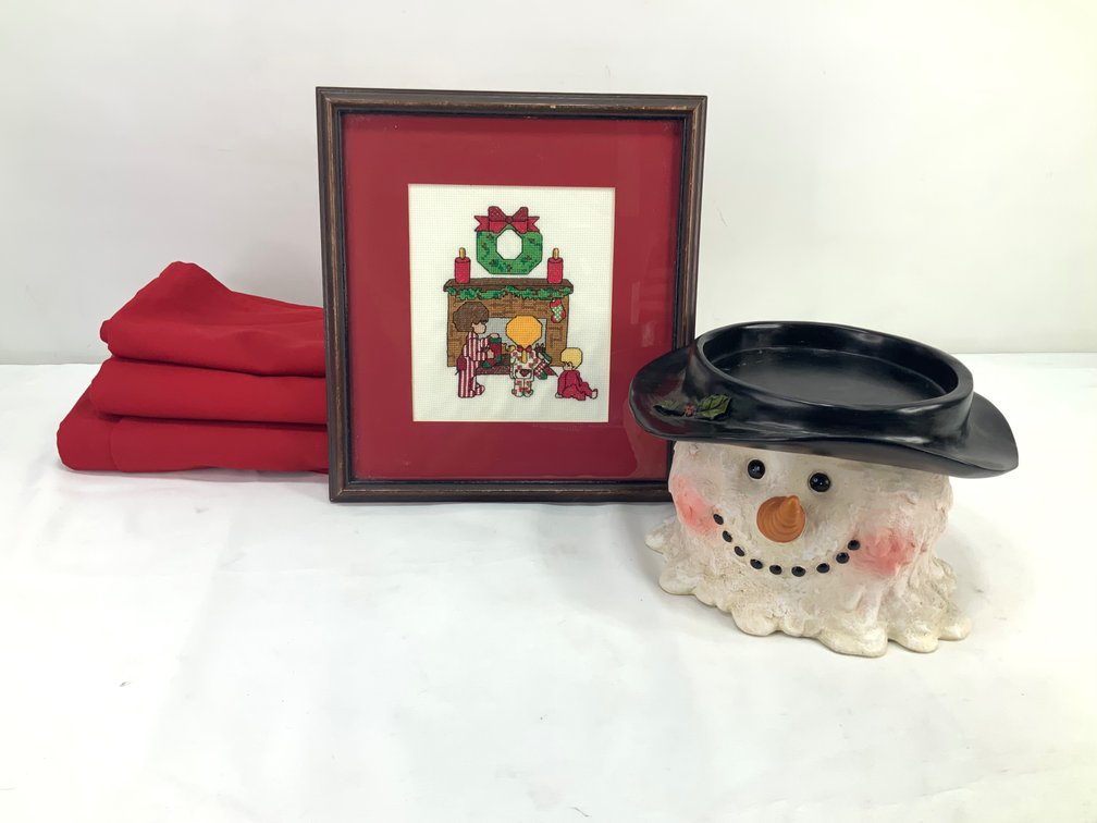 Framed Christmas Needlework, Snowman Candle Holder, and Linens