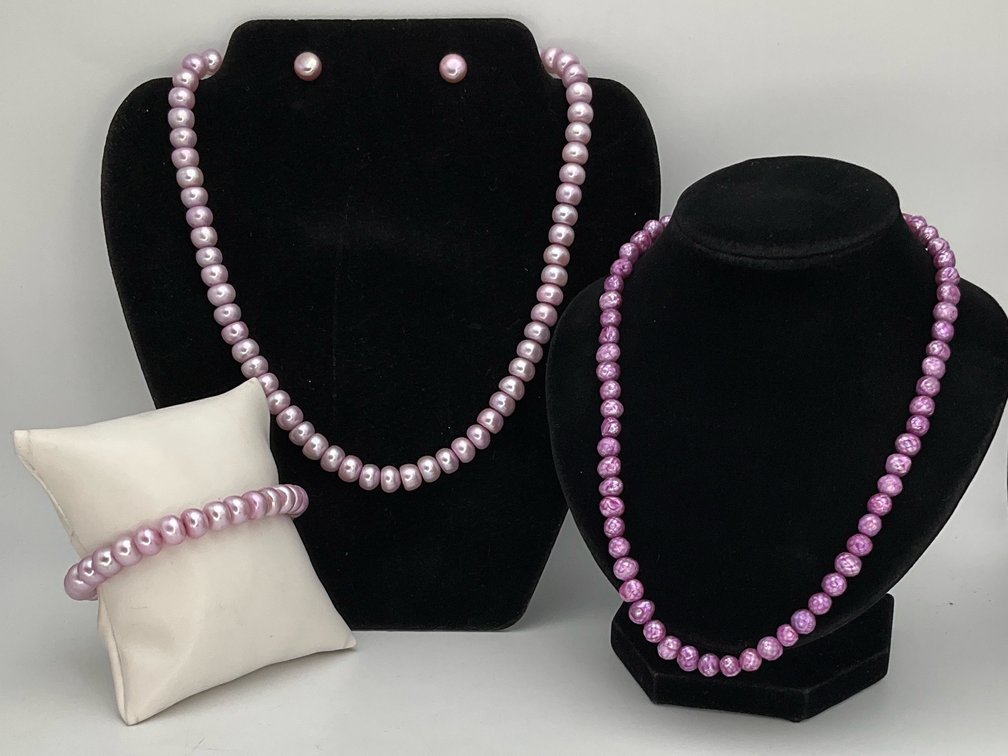 Pink and Purple Pearl Necklaces, Bracelet, and Stud Earrings