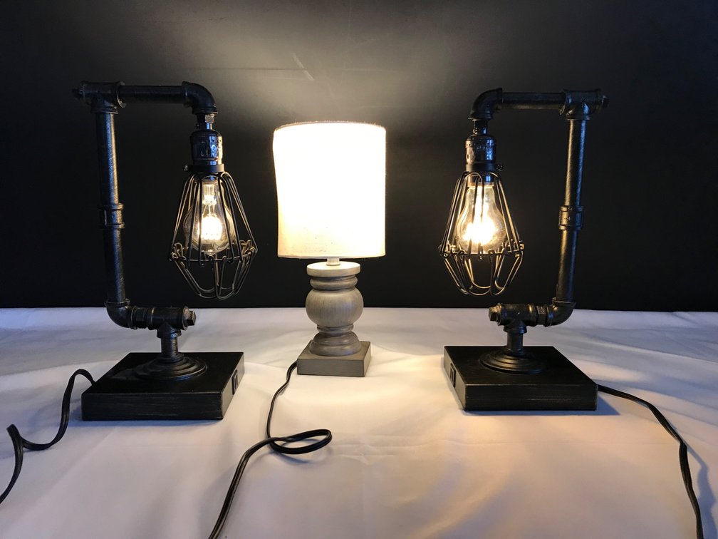 Pair of Industrial Pipe Table Lamps and Accent Lamp