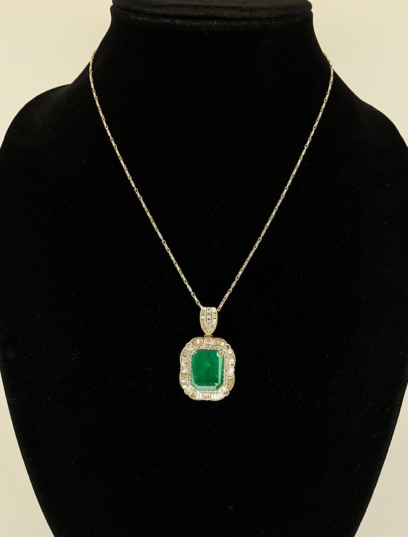 Emerald and Diamond Pendant on Gold Chain