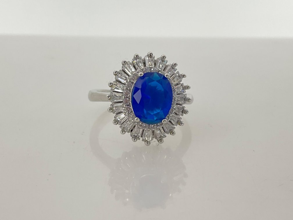 Sterling Silver Oval Blue and Clear Stone Halo Ring