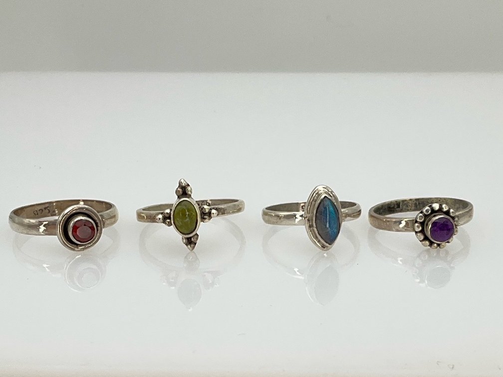 Set of Four Sterling Silver Gemstone Rings