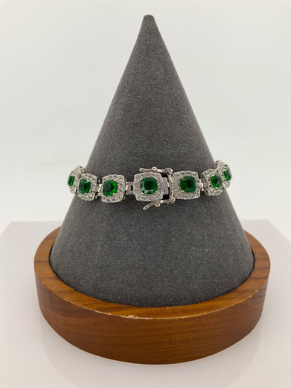 EMA Sterling Silver Green Stone Halo Link Bracelet
