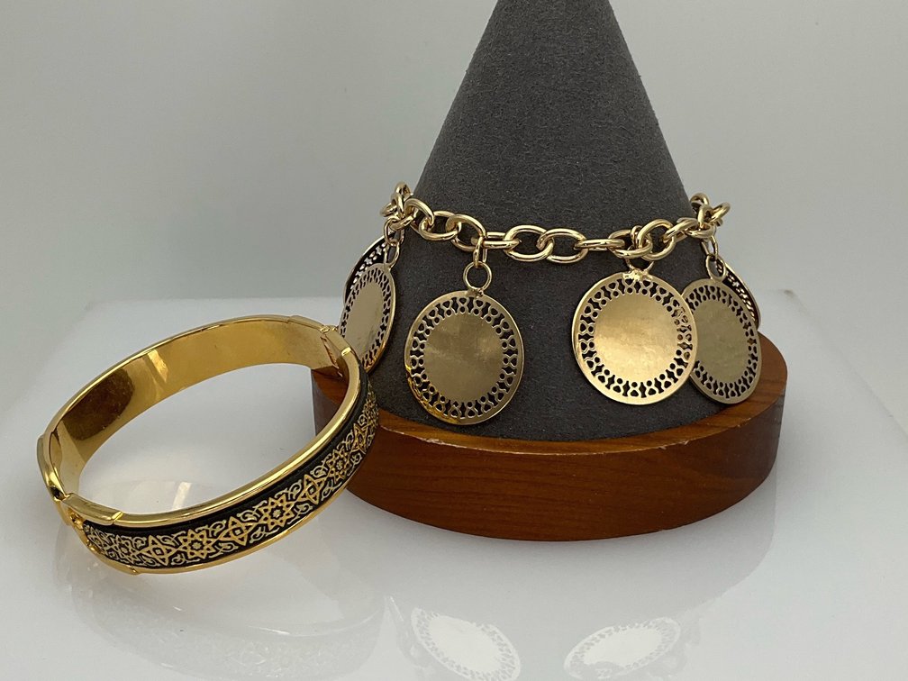 Gold-Tone Damascene-Style Bangle and Charm Bracelet