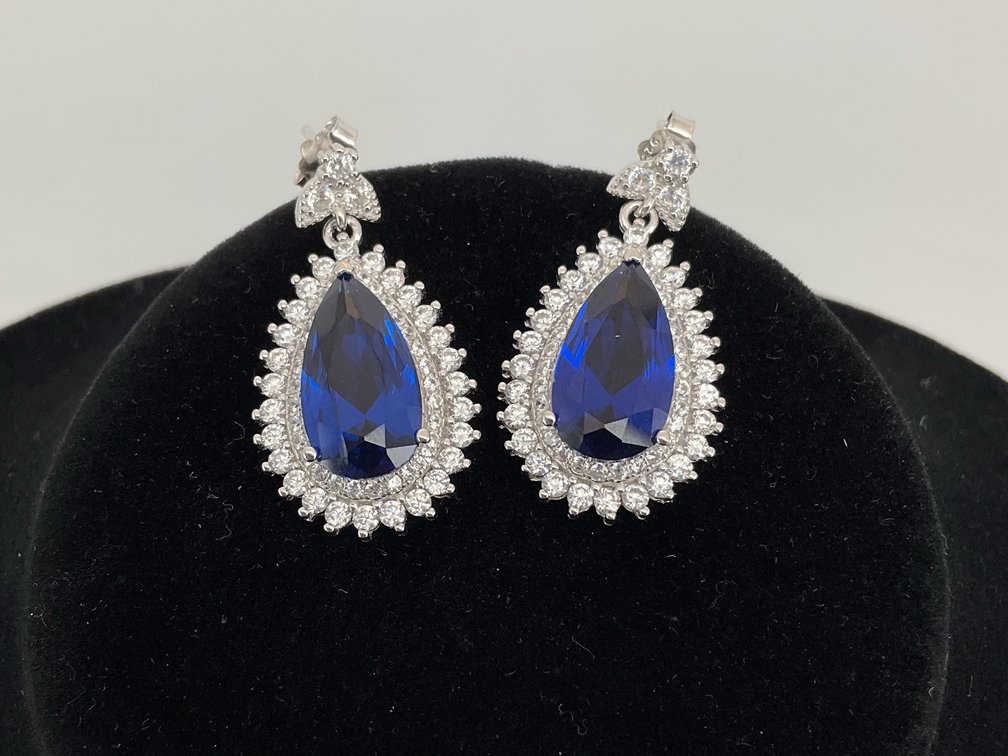 925 Silver Pear-Cut Blue Stone Halo Drop Earrings