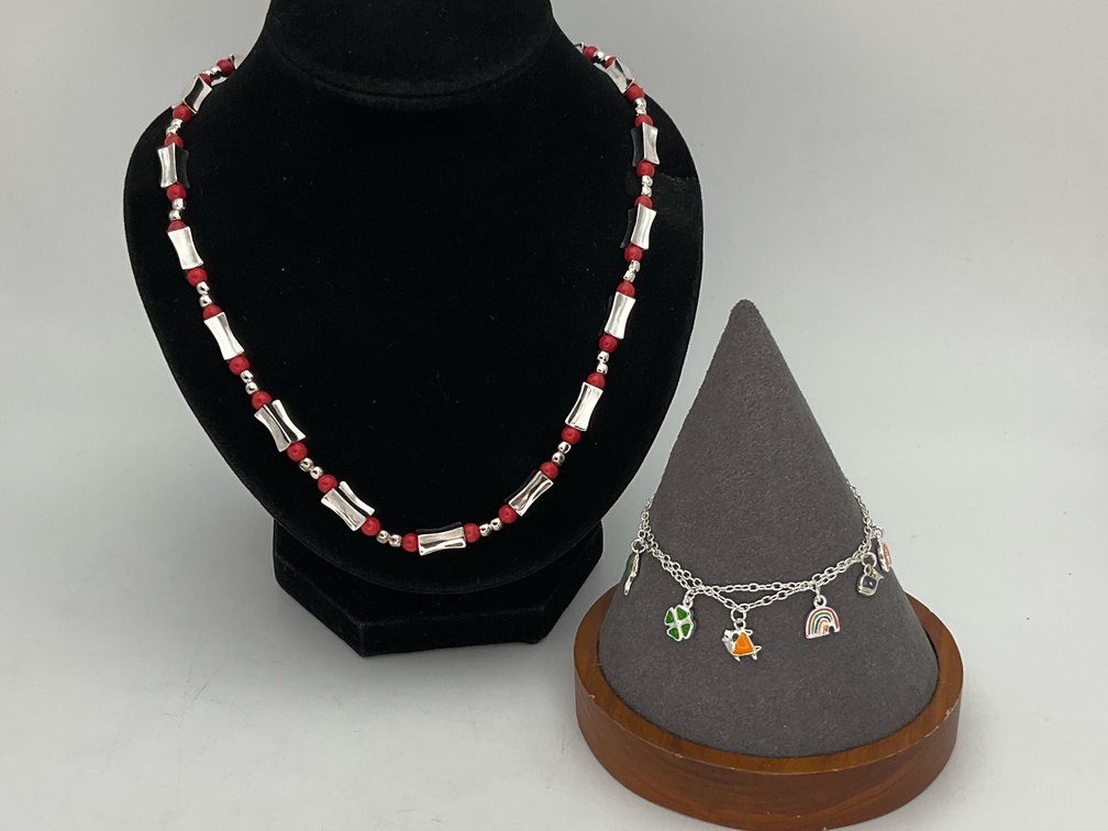 Sterling Silver Beaded Necklace and Enamel Charm Bracelets