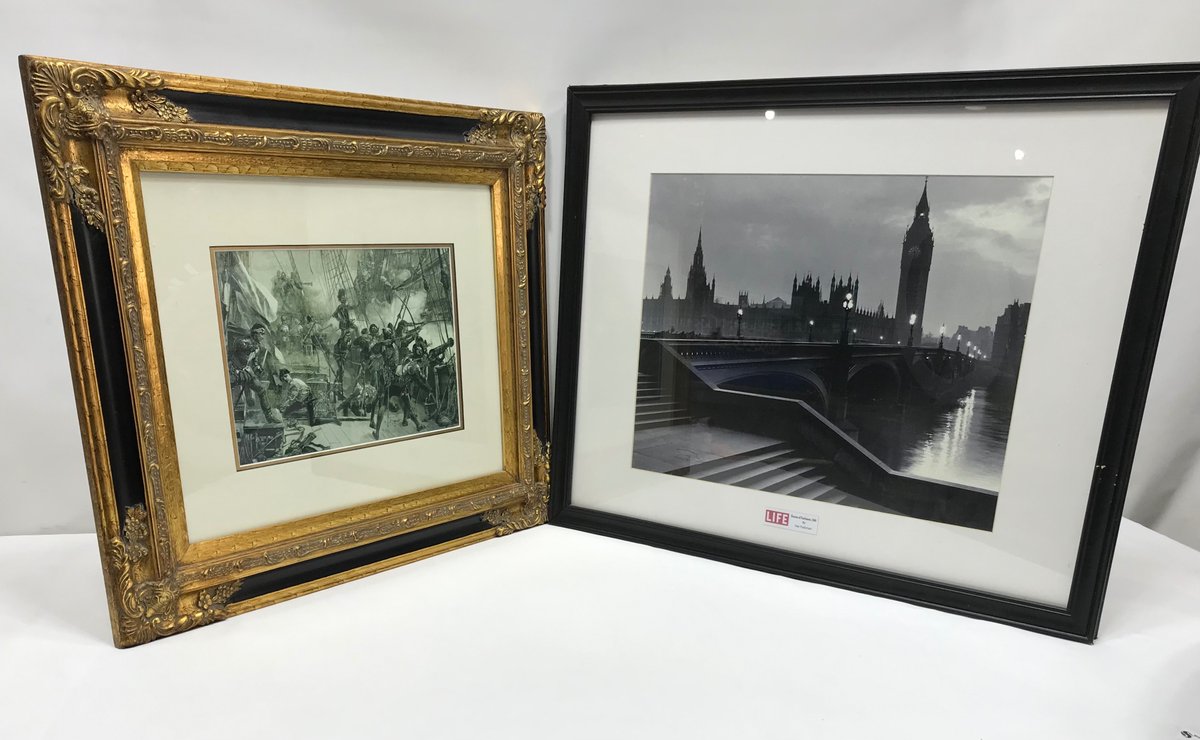 Framed Naval Battle Print and Houses of Parliament Photograph