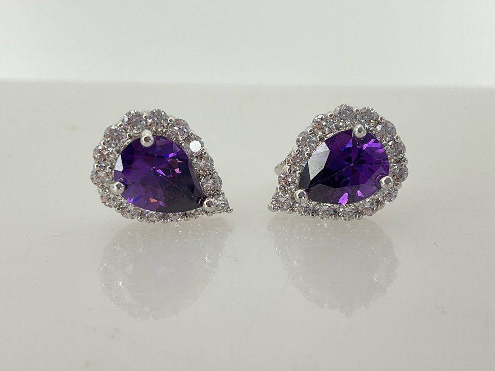 SUN BR 925 Silver Purple Pear-Cut Halo Stud Earrings
