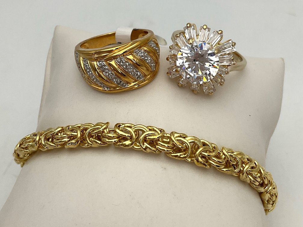 Gold-Tone Sterling Silver Byzantine Bracelet and Rings