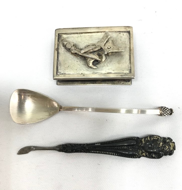 Sterling Silver Spoon, Matchbox Cover, and Grooming Tool