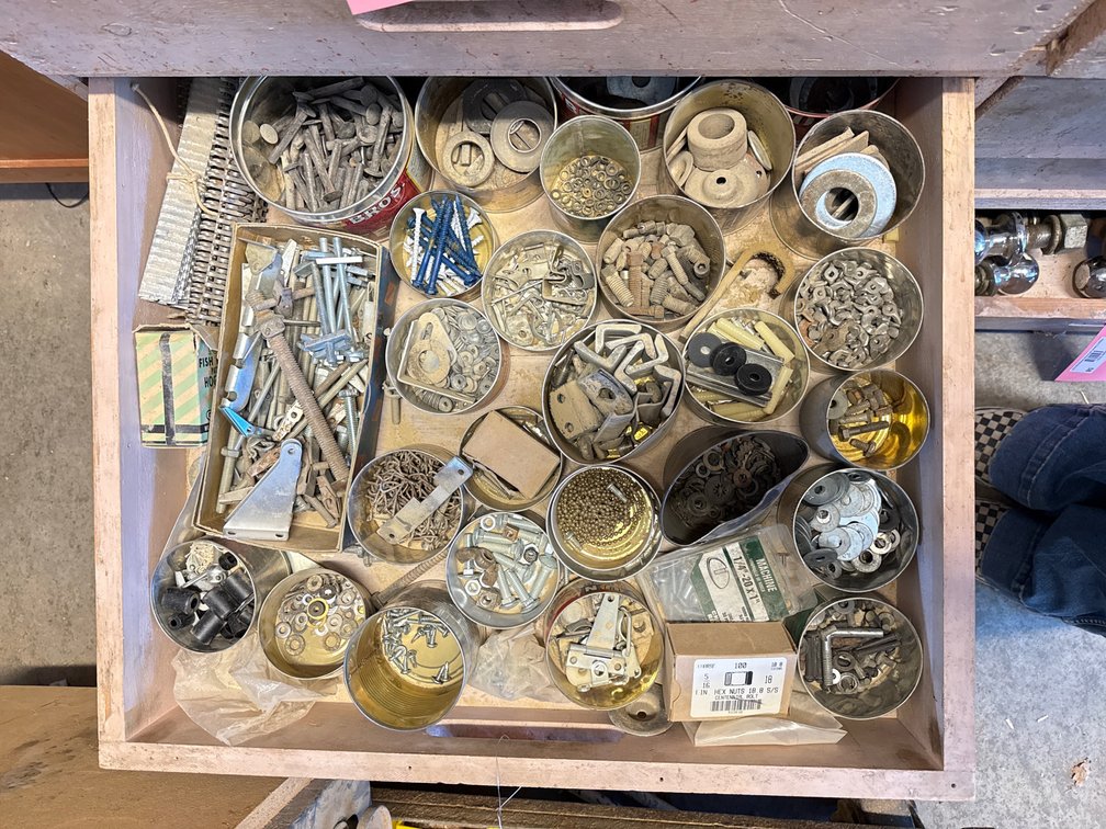 Bolts, Threaded Rods, and Hardware in Three Wooden Drawers