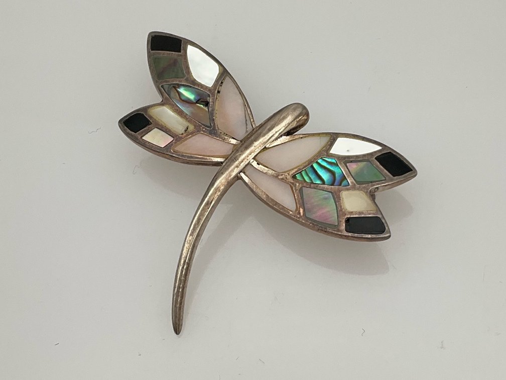 Silver Dragonfly Pin with Abalone and Mother-of-Pearl Inlay