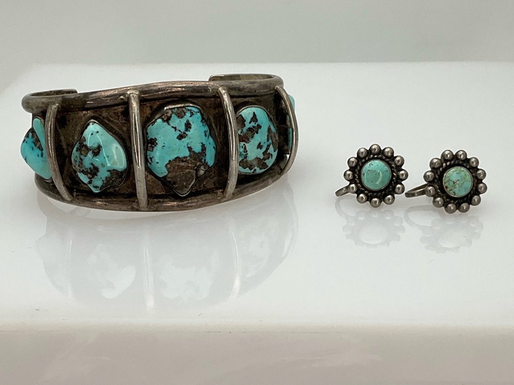 Turquoise Silver Cuff Bracelet and Earrings