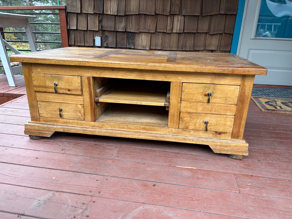Rustic Wood Media Console, Inlaid Coffee Table, and Storage Chest