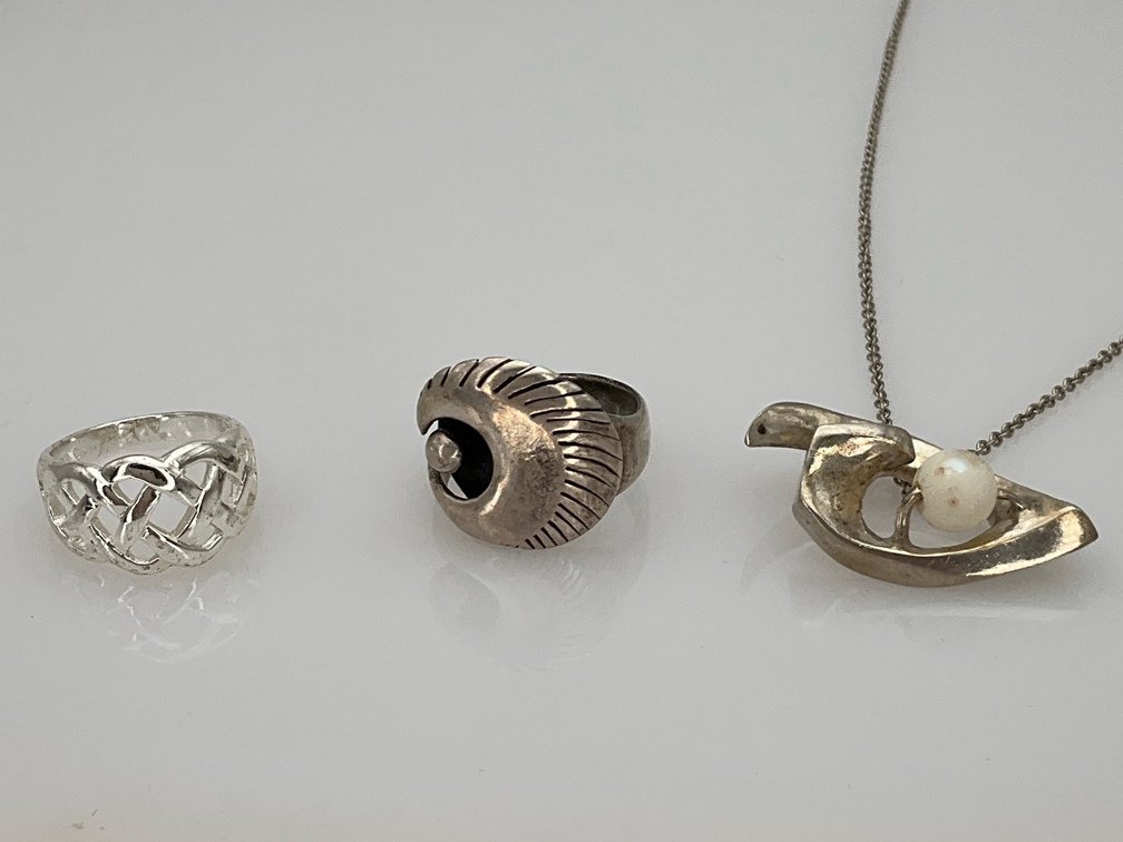 Silver-Tone Rings and Modernist Pendant Necklace