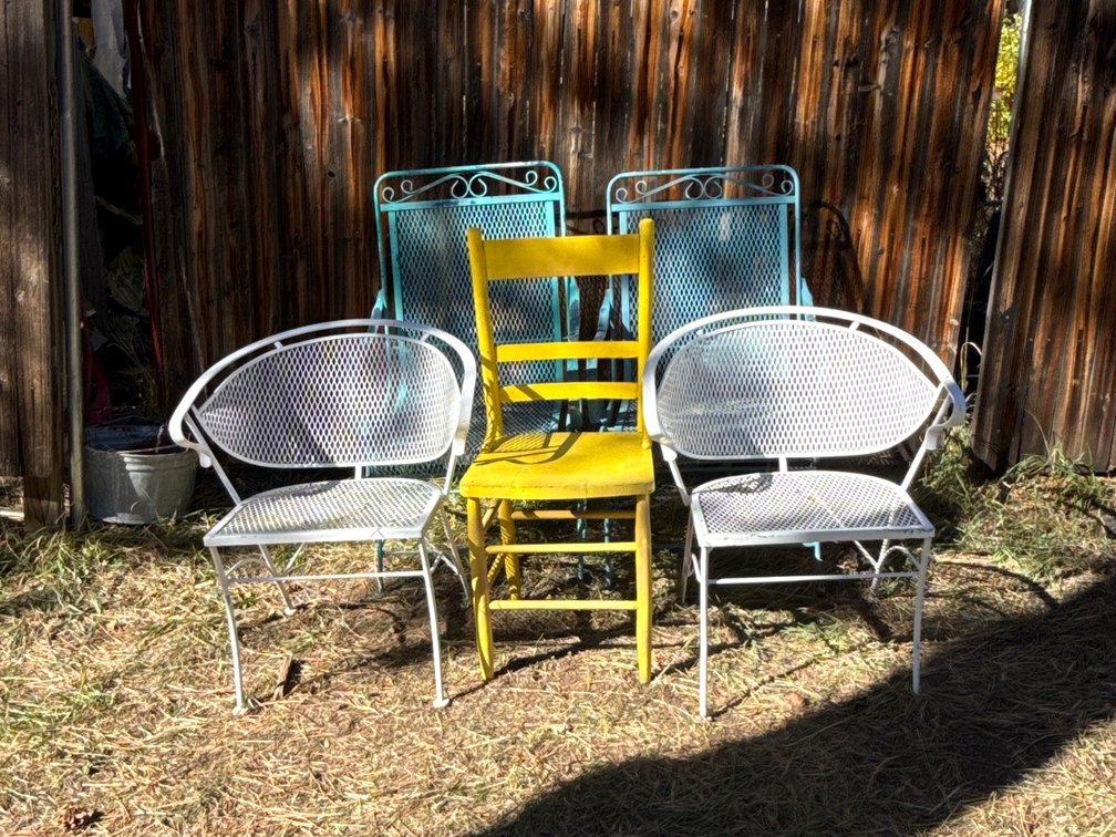 Metal Mesh Patio Chairs and Wooden Ladder-Back Chair