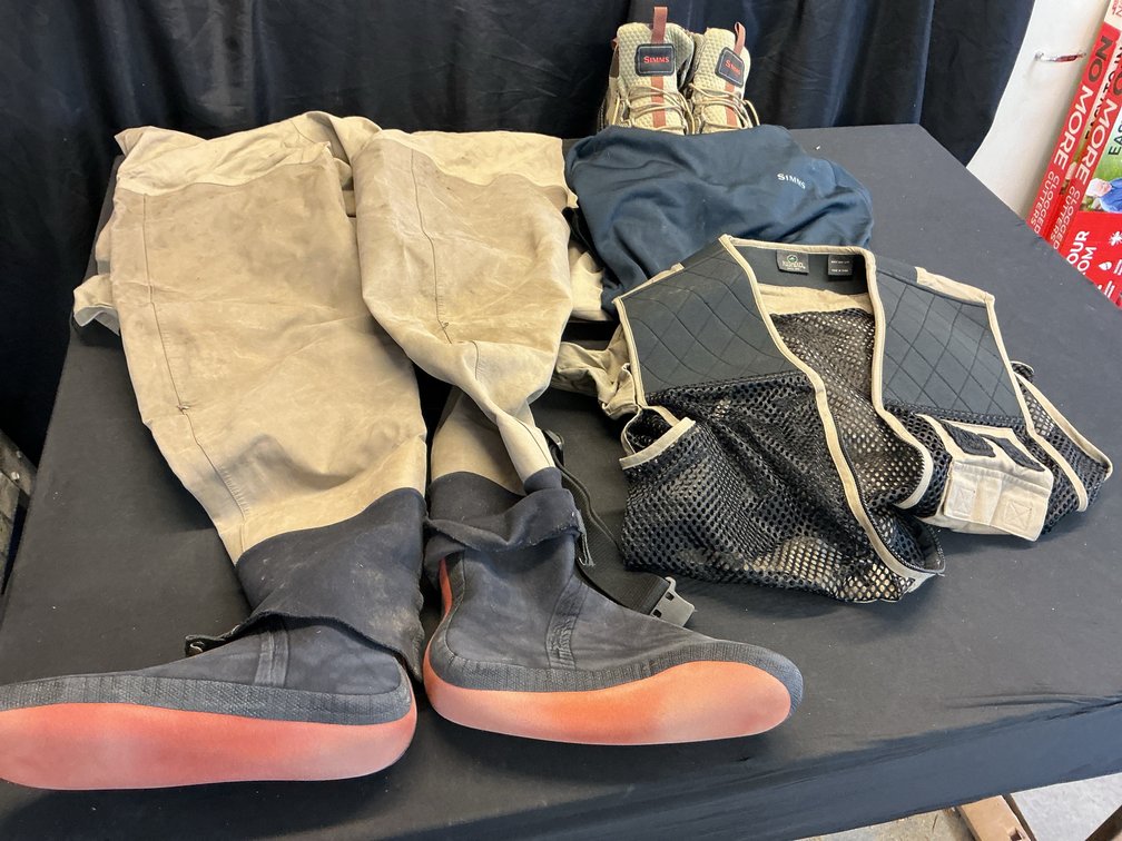 Fishing Waders, Boots, Mesh Vest, and Pullover