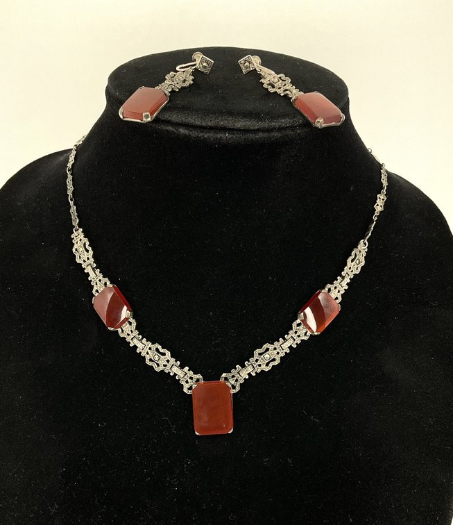 Vintage Art Deco Carnelian Silver Necklace and Earring Set