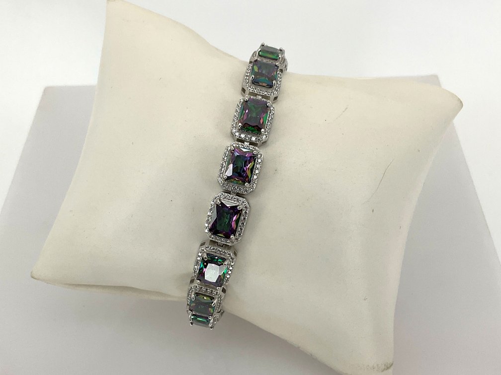 Sterling Silver Mystic Stone Halo Link Bracelet