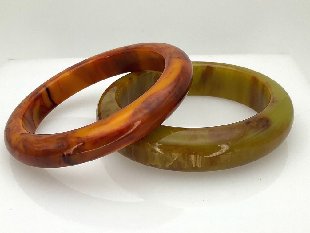 "Root Beer" and "Creamed Spinach" Marbled Bakelite Bangle Bracelets