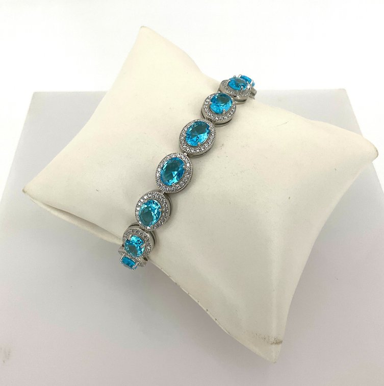 925 Silver Oval Blue Stone Halo Link Bracelet