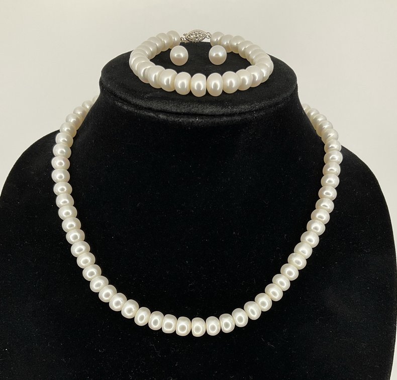 White Pearl Necklace, Bracelet, and Stud Earrings Set