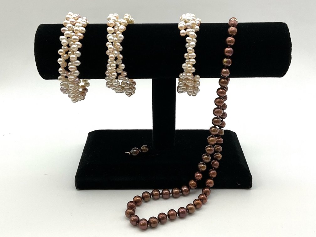 Bronze Pearl Necklace, Stud Earrings, and Pearl Bracelets