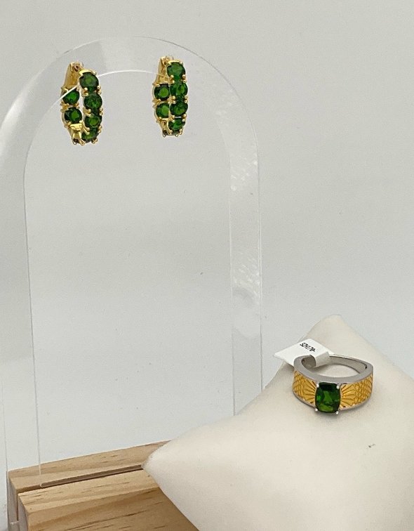 Sterling Silver Green Chrome Diopside Ring and Hoop Earrings