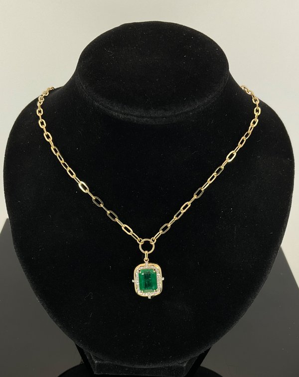 Emerald and Diamond Pendant on Gold Chain