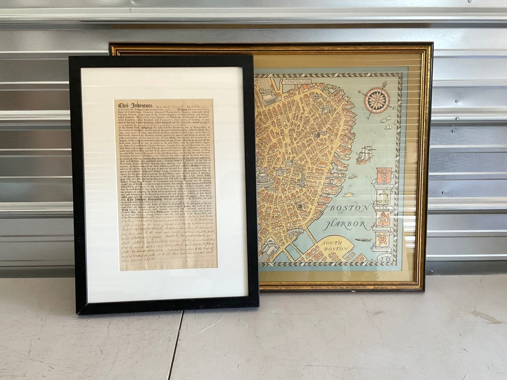 Framed 1815 Land Indenture and 1929 Boston Pictorial Map